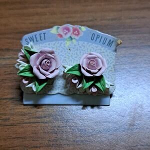 NOS SweetOpium Pink Rose and white pink flowers Pierced post Earrings